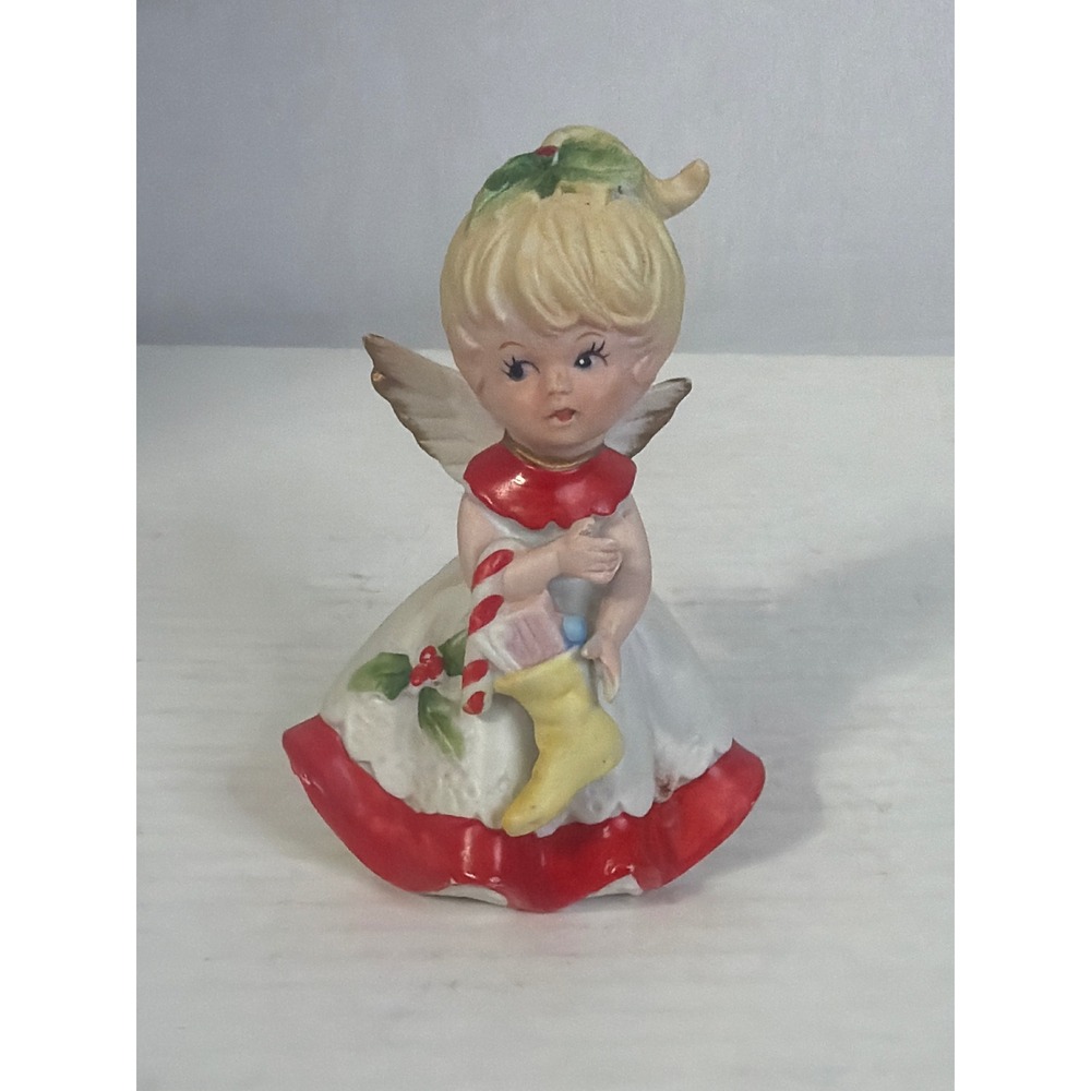 Vintage Homco Christmas Angel Figurine 5402 Blonde Girl Candy Cane Stocking